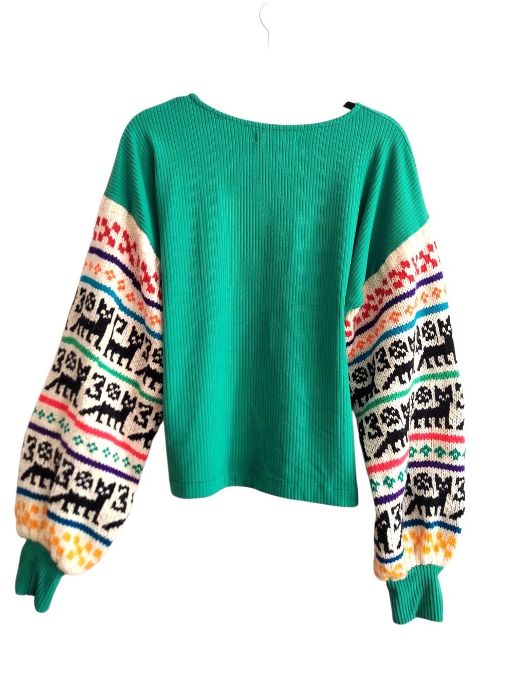 Lena Green Ribbed Sweater with Colorful Fair Isle Sleeves